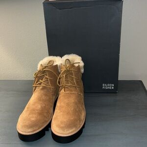 Eileen Fisher Kenille Sport Suede Fur Lined Wedge Bootie Tan Syrup sz 6M NWT NIB